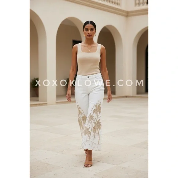 Oli & Hali Cream Palm Tree Eyelet Embroidered Wide Leg Jeans | Washed Denim - Picture 4 of 10